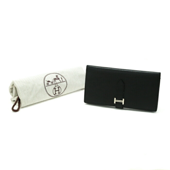 Hermes Bear Souffle Epson Leather Long Wallet Bifold H Noir Black